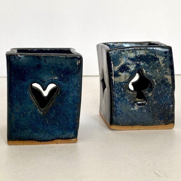 Raku Ceramic Playing Card Votive Candle Holders Heart Spade Diamond Club Set 2 - Picture 2 of 13